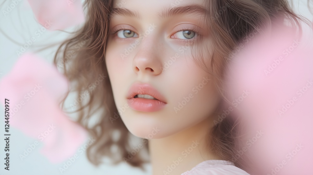 A Dreamy Gaze: A young woman with delicate features and a wistful gaze, framed by pink petals that softly dance around her face, evokes a sense of beauty, mystery, and innocence.