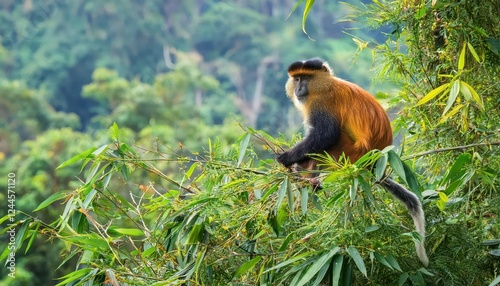 Enchanting Portrait of the Rare Golden Monkey, Cercopithecus kandti, Amidst a Lush Tropical Rainforest, Displaying Playful Curiosity and Majestic Gold Fur. photo