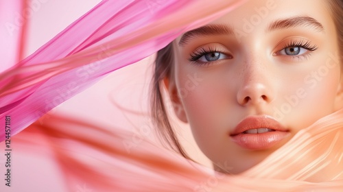 Pink Silk Dream: A young woman's face is partially veiled by flowing pink silk, creating a dreamy, ethereal atmosphere. Her delicate features and clear skin are highlighted by the soft, pastel hues.