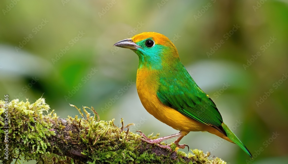 Vibrant Tropical Rainforest Vista featuring the Stunning GoldenBrowed Chlorophonia, a Striking Bird Found among Emerald Leaves and Bountiful Blooms Vibrant Tropical Rainforest Vista featuring the Stunning GoldenBrowed Chlorophonia, a Striking Bird Found among Emerald Leaves and Bountiful Blooms