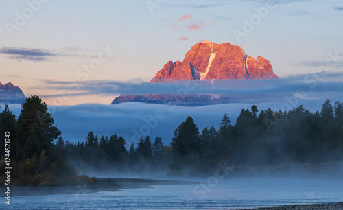 Foggy morning, Mount Moran at dawn, USA, Wyoming photo