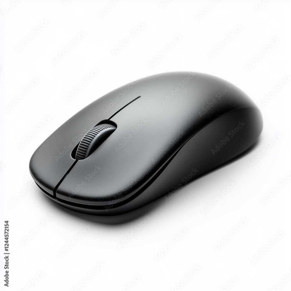 A modern, sleek wireless mouse with a matte black finish, placed on a clean white background. A modern, sleek wireless mouse with a matte black finish, placed on a clean white background.