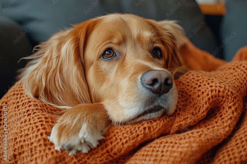 Golden retriever relaxing on a cozy blanket in a comfortable living room during a peaceful afternoon Golden retriever relaxing on a cozy blanket in a comfortable living room during a peaceful afternoon