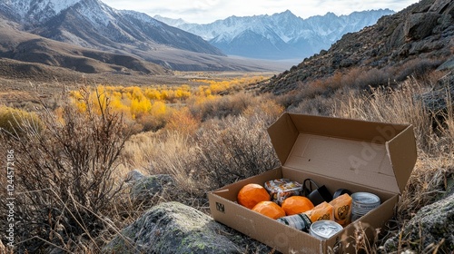 Outdoor survival scene with a carton box of emergency supplies: compact food rations, hand warmers, and tools, set against a rugged mountain range photo