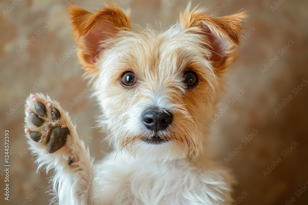 Cute small dog with raised paw looking directly at the camera in a cozy indoor setting with a warm background Cute small dog with raised paw looking directly at the camera in a cozy indoor setting with a warm background