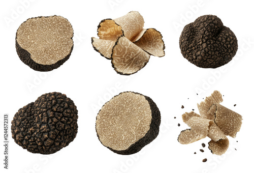Various truffles, whole and sliced, showcasing intricate textures rich, dark colors against transparent background