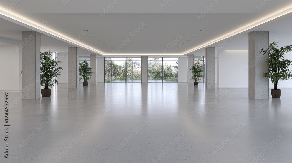 Fototapeta premium Modern empty office space with large windows and plants