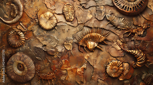 Intricate fossil pattern showcasing natural textures in earthy tones, depicting ancient marine life preserved in stone. Ancient Textures. Illustration