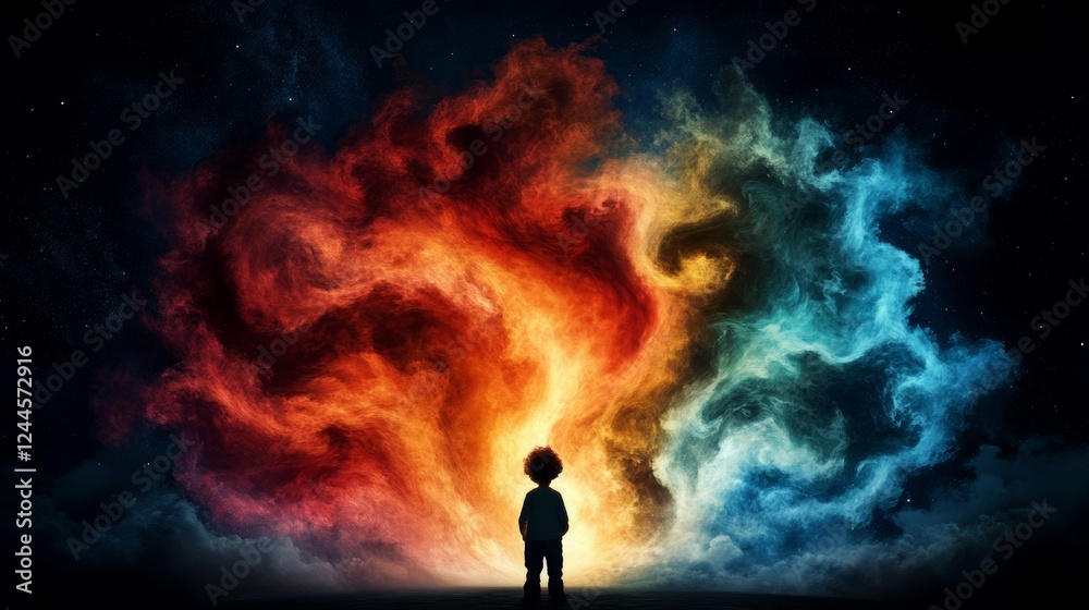 Fototapeta premium Young boy stands before a swirling cosmic nebula of vibrant red and blue hues, a mesmerizing blend of fire and ice.