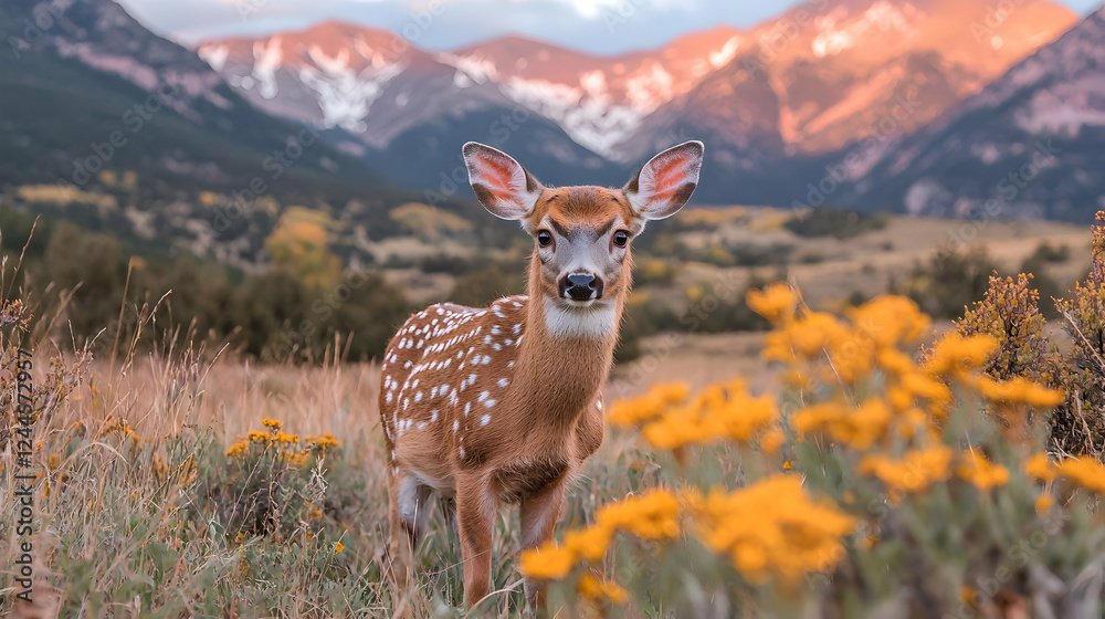 Fototapeta premium Fawn in autumn meadow, mountain sunset