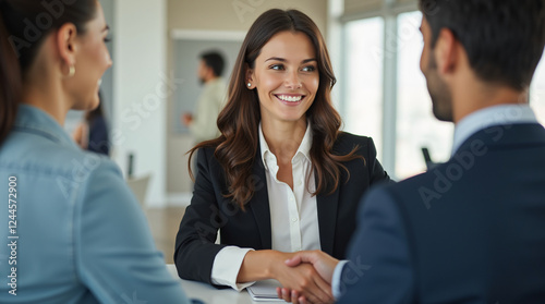 Confident middle-aged businesswoman shaking hands with a client during a professional meeting in a modern office