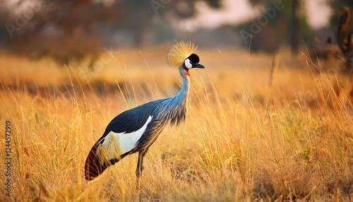 African Majesty Stunning Gray Crowned Crane Amidst the Savannah Sunset, South Luangwa National Park, Zambia photo