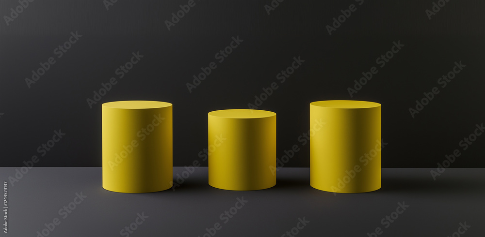 Three yellow cylindrical pedestals on a solid background, captured in a minimalist style with high-resolution photography. Three yellow cylindrical pedestals on a solid background, captured in a minimalist style with high-resolution photography.
