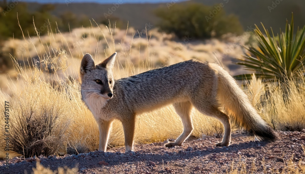 Majestic Gray Fox Strolling through Desolate Big Bend Canyons at Twilight, Showcasing a Mesmerizing Palette of Earthy Tones and Rugged Textures. Majestic Gray Fox Strolling through Desolate Big Bend Canyons at Twilight, Showcasing a Mesmerizing Palette of Earthy Tones and Rugged Textures.