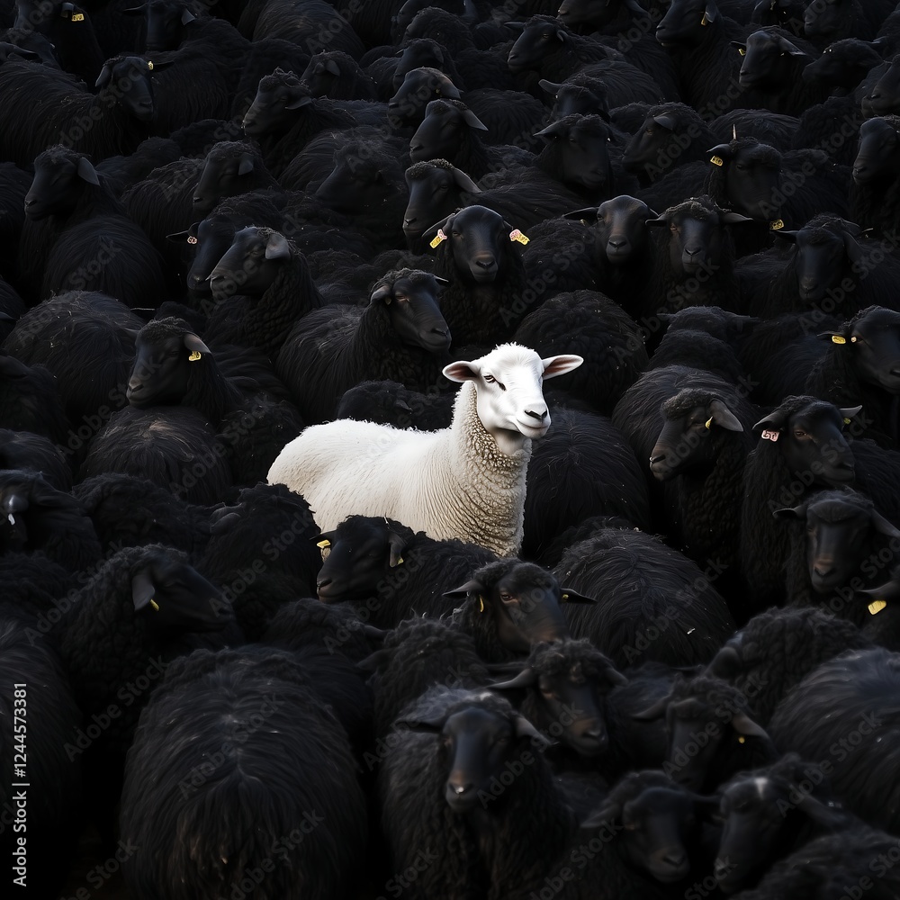 Fototapeta premium Harmony in Contrast: A White Sheep Among a Gathering of Dark Grey Flock. Generative AI