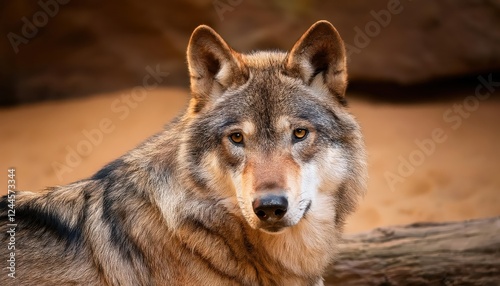 Imposing Gray Wolf in Sandstone Enclosure, Minnesota Winter Wilderness, at photo