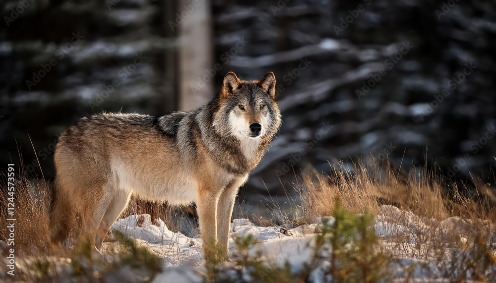 Striking Closeup of a Majestic Gray Wolf Amidst a Snowy Winterland, Showcasing Fur Textures and Intense Eyes in a Winter Wonderland Scene Striking Closeup of a Majestic Gray Wolf Amidst a Snowy Winterland, Showcasing Fur Textures and Intense Eyes in a Winter Wonderland Scene
