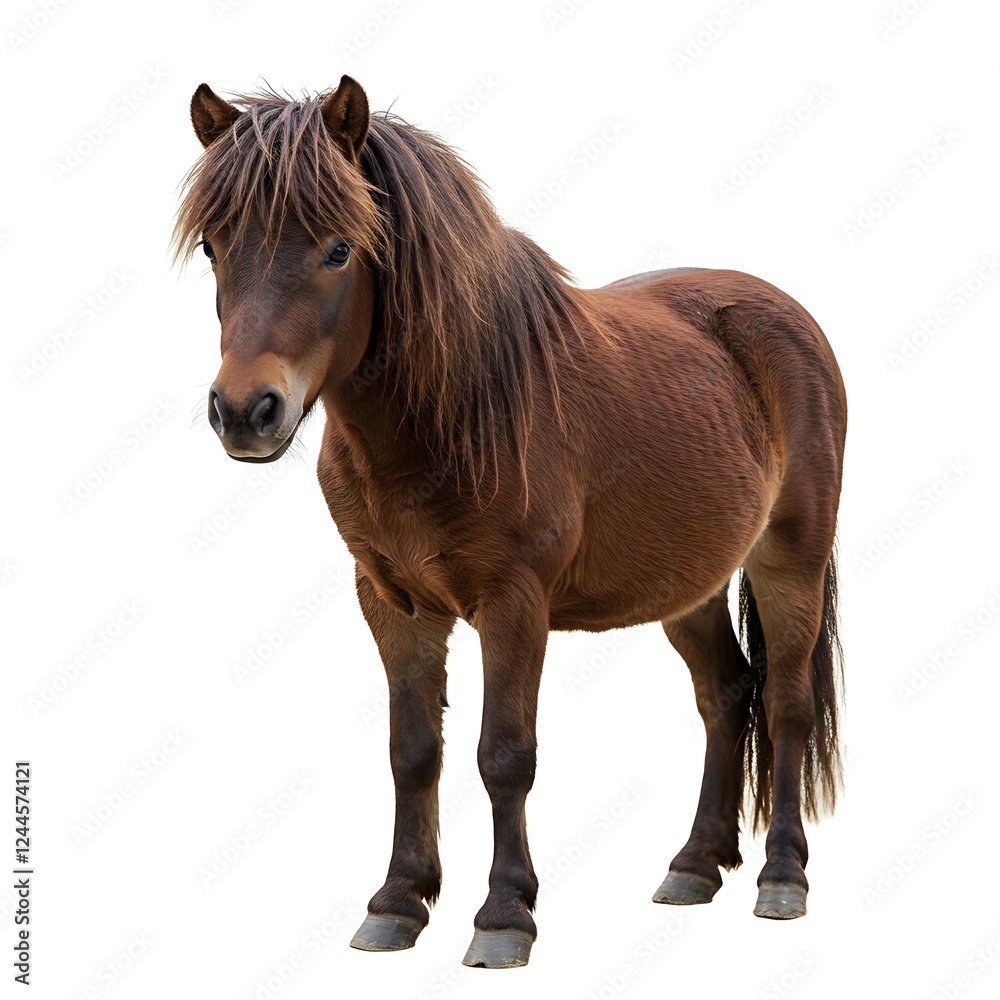 Obraz premium Cute brown Shetland pony horse, full body length portrait isolated on transparent background. Domestic mammal animal with mane standing, equestrian equine breed, young beautiful little farm stallion