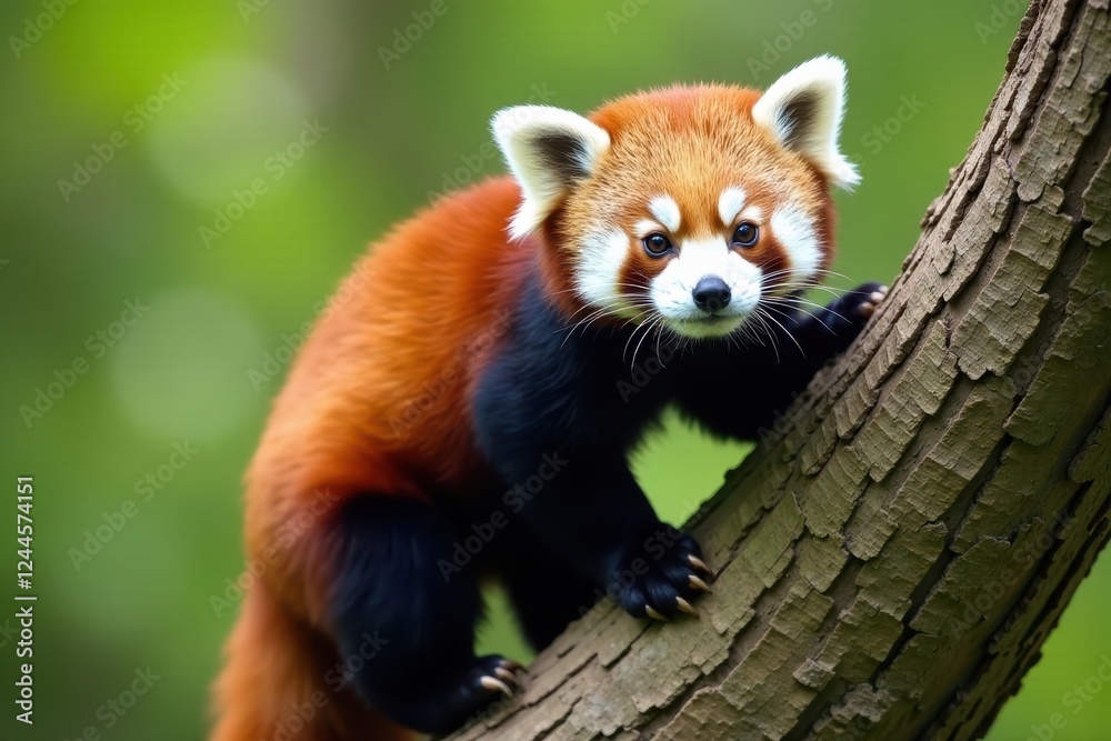Red panda ascends tree trunk, claws gripping bark, adorable, forest Red panda ascends tree trunk, claws gripping bark, adorable, forest