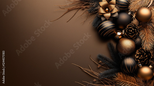 A text box is embellished on one side of a brown background that is adorned with colorful balls, branches, and bows.