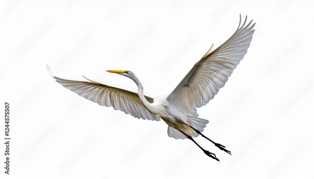 Obraz premium Majestic Great Egret Soaring Gracefully against a Pure White Backdrop, Showcasing Stunning Avian Beauty and Elegance in Motion