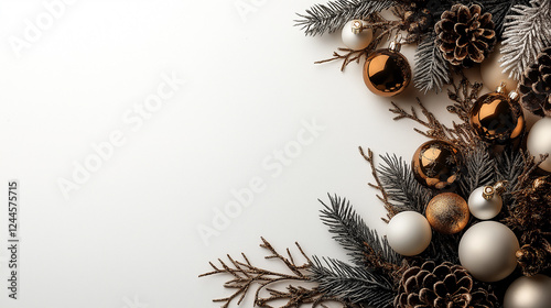 On a brown background with a text box embellished on one side, a white background with colorful balls, branches, and bows sits.