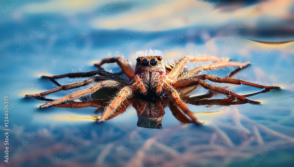 Vivid Great Raft Spider Encounter on Tranquil Water Surface Captivating Closeup of Dolomedes plantarius amidst Aquatic Reflections Vivid Great Raft Spider Encounter on Tranquil Water Surface Captivating Closeup of Dolomedes plantarius amidst Aquatic Reflections