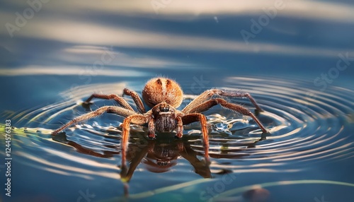 Stunning Great Raft Spider on Water Surface Dolomedes plantarius Showcases Intricate Legs and Hairy Body, Creating a Dramatic Contrast Against Serene Water photo