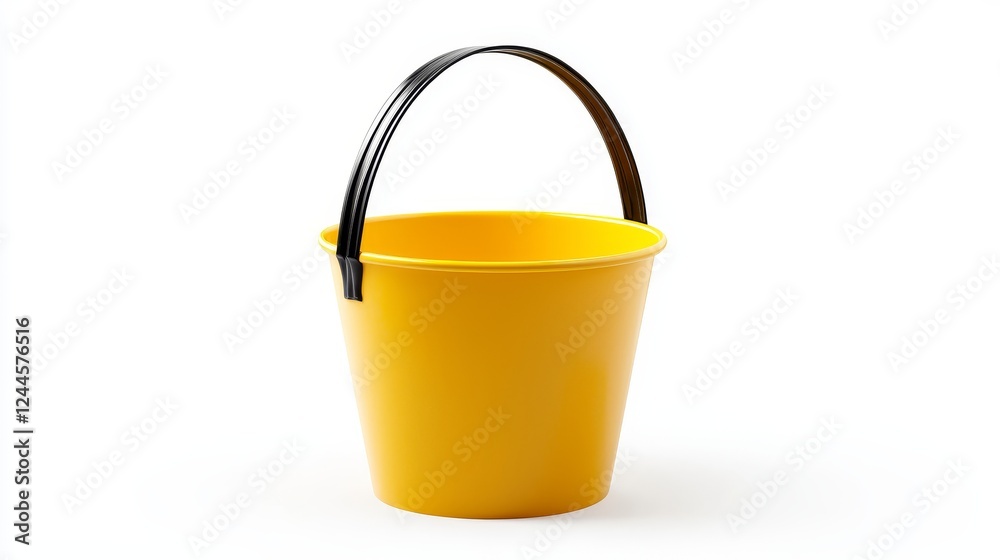 A surreal yellow bucket with an elongated black handle, distorted proportions, floating in mid-air, dreamlike, and isolated on white A surreal yellow bucket with an elongated black handle, distorted proportions, floating in mid-air, dreamlike, and isolated on white