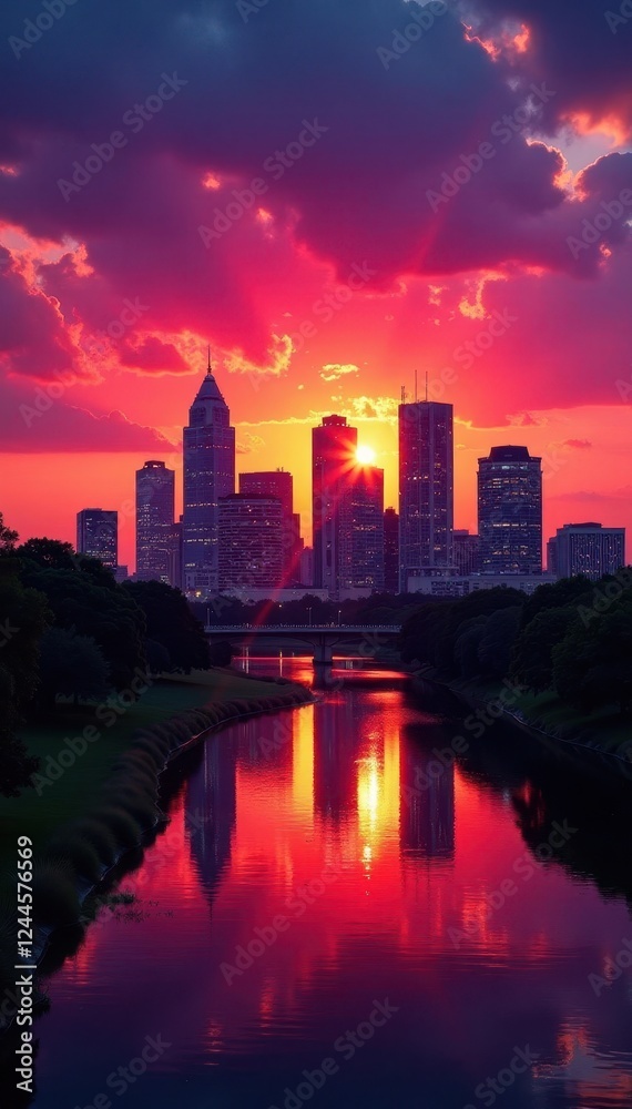 Fototapeta premium Vibrant Austin skyline against a colorful sunset , colors, buildings