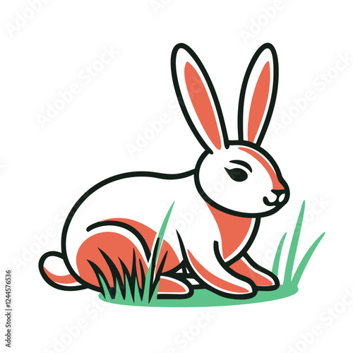 Playful bunny icon sitting in green grass, Easter symbolism