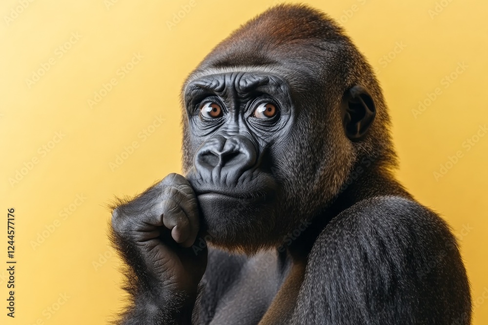 Obraz premium Gorilla poses thoughtfully against a bright yellow background with a calm expression and a raised fist on chin