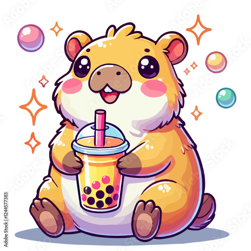 Cute capybara with cup of bubble tea isolated on white background. Kawaii hand drawn vector Illustration of capibara in cartoon style print design for sticker, postcard, tshirt