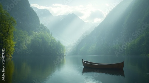 Serene mountain lake boat; misty sunrise; calm waters photo