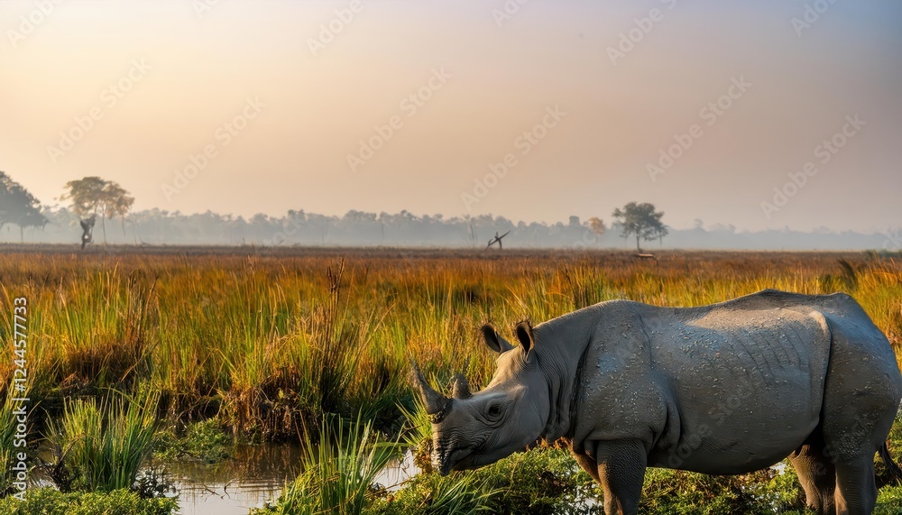 Striking Greater Onehorned Rhino Wading Through Marshy Wetlands at Dawn, Showcasing Majestic Beauty and Power, Captured on Royal Bengalsth January . Striking Greater Onehorned Rhino Wading Through Marshy Wetlands at Dawn, Showcasing Majestic Beauty and Power, Captured on Royal Bengalsth January .