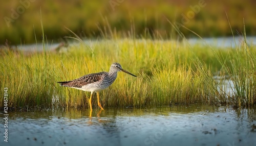 Striking Greater Yellowlegs Bird in Grassy Wildlife Refuge, Surrounded by Tranquil Water at Dusk photo