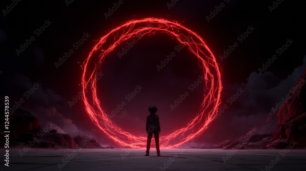 Fototapeta premium Silhouette of a person standing before a glowing red ring in a dark, desolate landscape. A mysterious and dramatic scene.