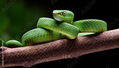 Striking Portrait of a Green Pitviper, Agile and Camouflaged in the Tropical Rainforest Canopy, Capturing the Beauty and Danger of this Elusive Snake Species. photo