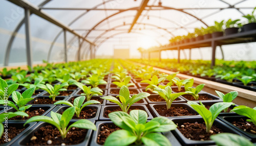 Organized seedlings thriving in small greenhouse with sunlit growth