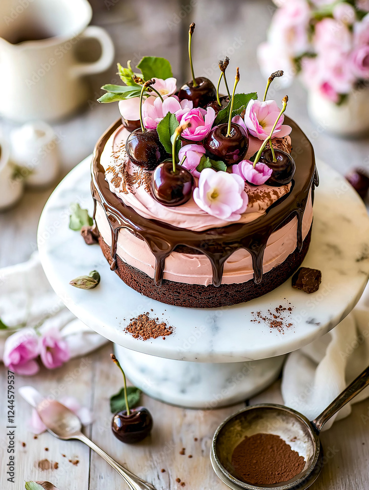 Chocolate Sponge Cake with Cherries on Marble Stand Chocolate Sponge Cake with Cherries on Marble Stand