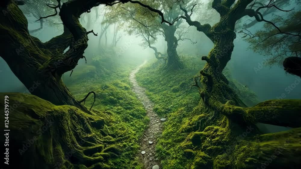 A mystical forest path surrounded by ancient, twisted trees and soft mist, inviting exploration and adventure. A mystical forest path surrounded by ancient, twisted trees and soft mist, inviting exploration and adventure.