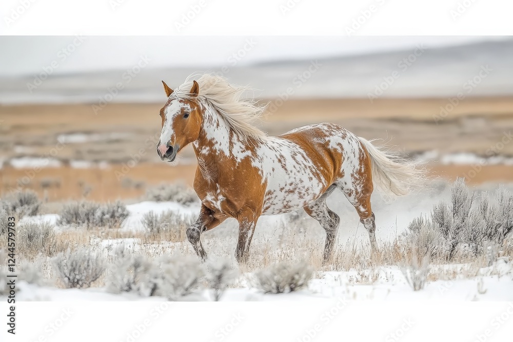 Obraz premium Wild horse galloping through snowy landscape in western plains during winter season
