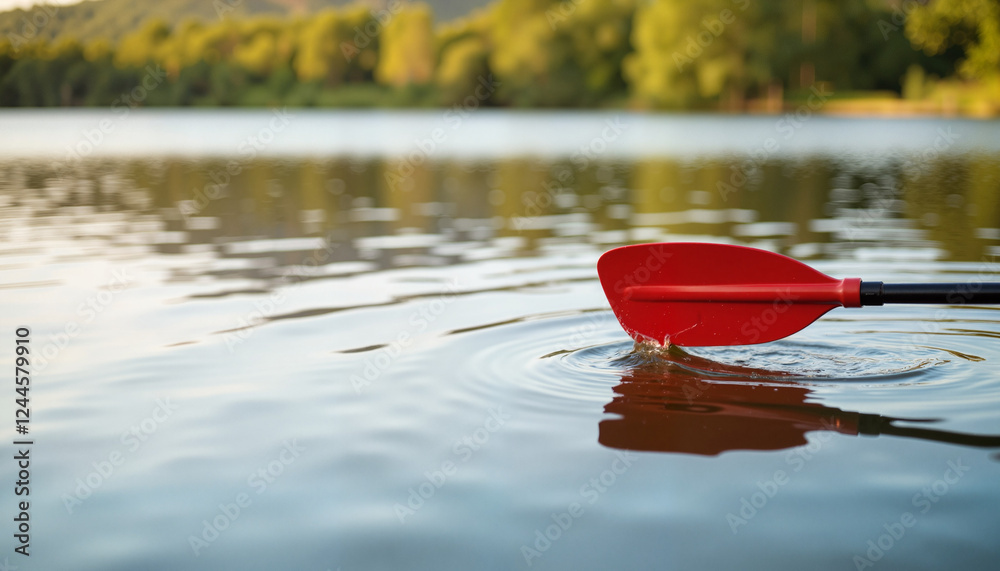 Vibrant red paddle gliding on calm water, nature's tranquility