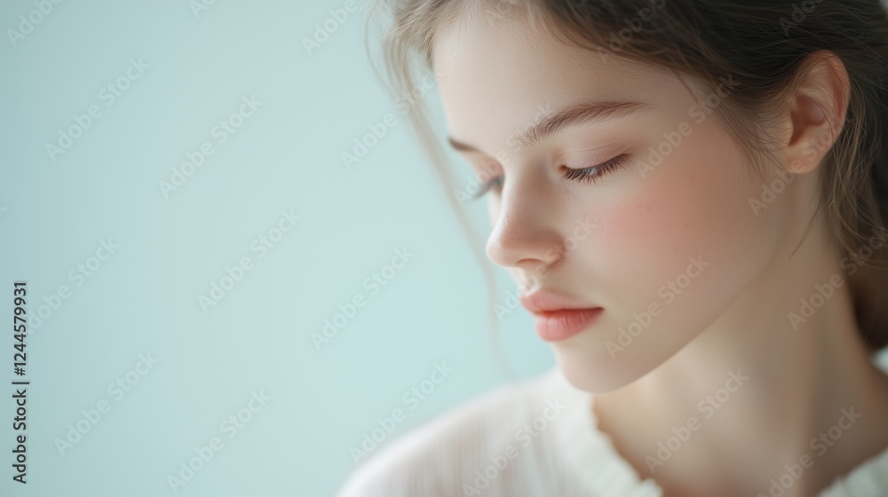 Serene Beauty: A young woman with delicate features and flawless skin gazes downward, exuding an aura of tranquility and grace. Her soft, natural makeup enhances her beauty. Serene Beauty: A young woman with delicate features and flawless skin gazes downward, exuding an aura of tranquility and grace. Her soft, natural makeup enhances her beauty.