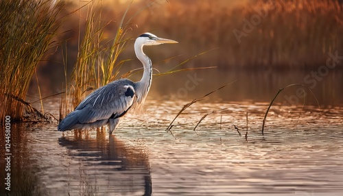 Majestic Grey Heron Striking Prey Amidst Tranquil Pulicat Lake, Indias Wetland Paradise, Showcasing a Breathtaking Scene of Serenity and Wildlife in Vibrant Natural Habitat. photo