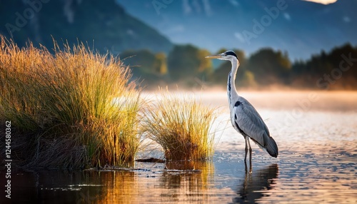 Enigmatic Grey Heron Glides Through the Serene Pulicat Wetlands, Against a Backdrop of Golden Sunlight and Reflections at Dusk photo