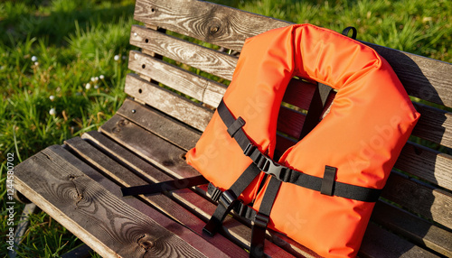 Folded life jacket resting on rustic bench in rural setting, safety reminder photo