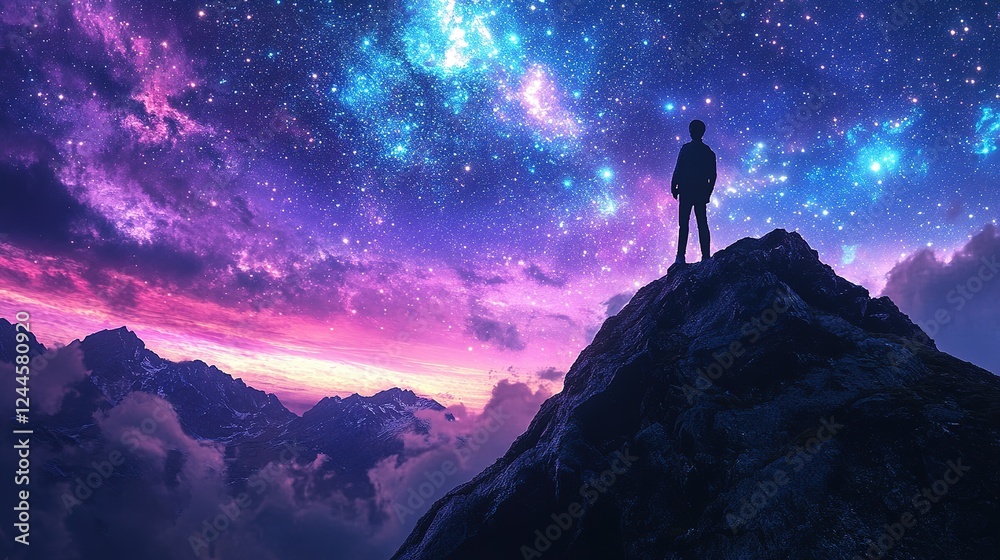 Fototapeta premium Exploring cosmic wonders a person standing on a mountain under a starry sky nature scenic view dreamlike atmosphere