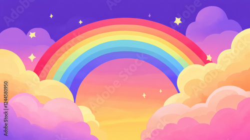 A magical sky with a vibrant, gracefully curved rainbow set against a background of soft, fluffy clouds in warm