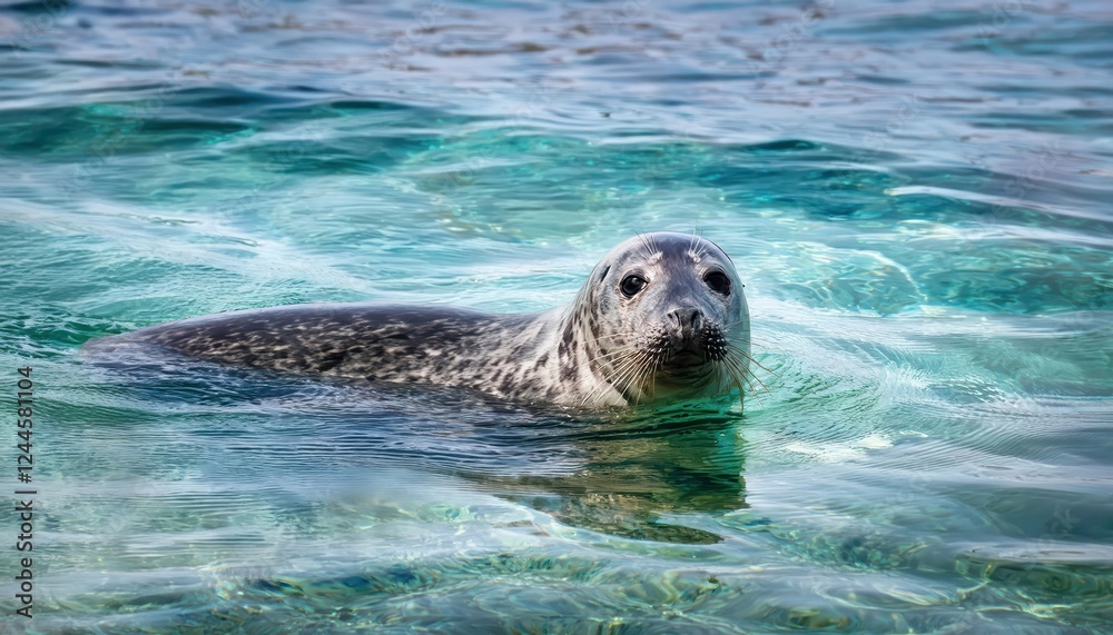 Obraz premium Majestic Grey Seal Basking in CrystalClear Waters off the Dramatic Cliffs of Cornwalls Stunning Coastline, Showcasing a Serene Scene of Wildlife and Natural Beauty.